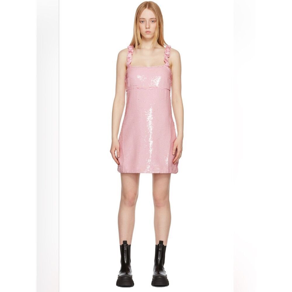 Ganni Ruffle-Trimmed Sequined Georgette Mini Dress In Baby Pink Sz 18/20 NWT